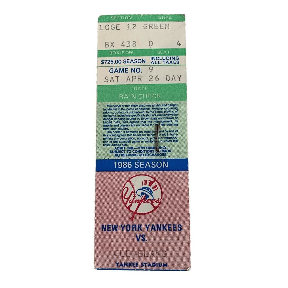 New York Yankees vs Cleveland April 26 1986‎ Ticket Stub Old Stadium